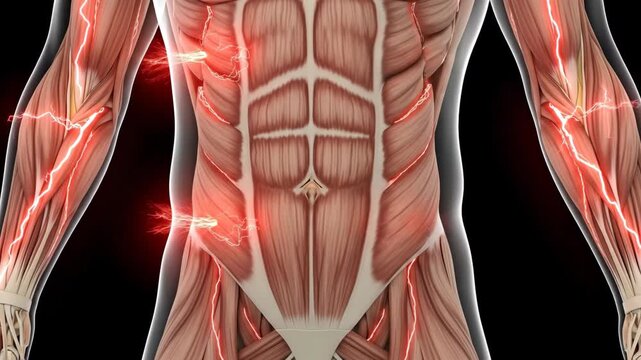 Muscular Strain Anatomy - 3D video of human skeletal muscles under strain, highlighted with red pulsating energy effects. Shows detail of abdominal and arm muscles experiencing tension or pain.