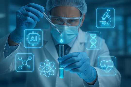 A scientist using a pipette and test tube in a laboratory with AI and medical icons, symbolizing advanced medical and scientific research technology