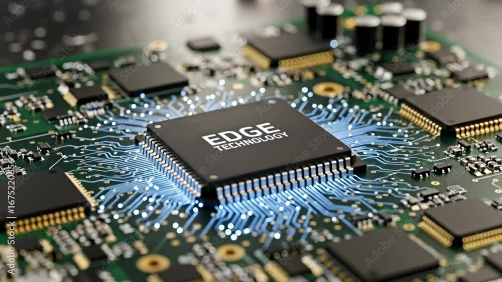 Poster edge technology microchip on circuit board - close-up of a microchip labeled 