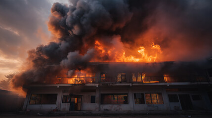 School building on fire with smoke and flames, concept of emergency crisis