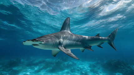 Obraz premium Scalloped hammerhead shark swimming in ocean, concept of marine wildlife predator