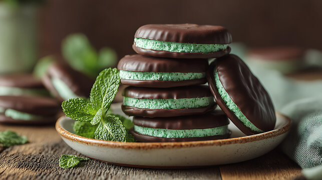 Thin mint cookies on ceramic plate with chocolate coating, concept of sweet dessert snack