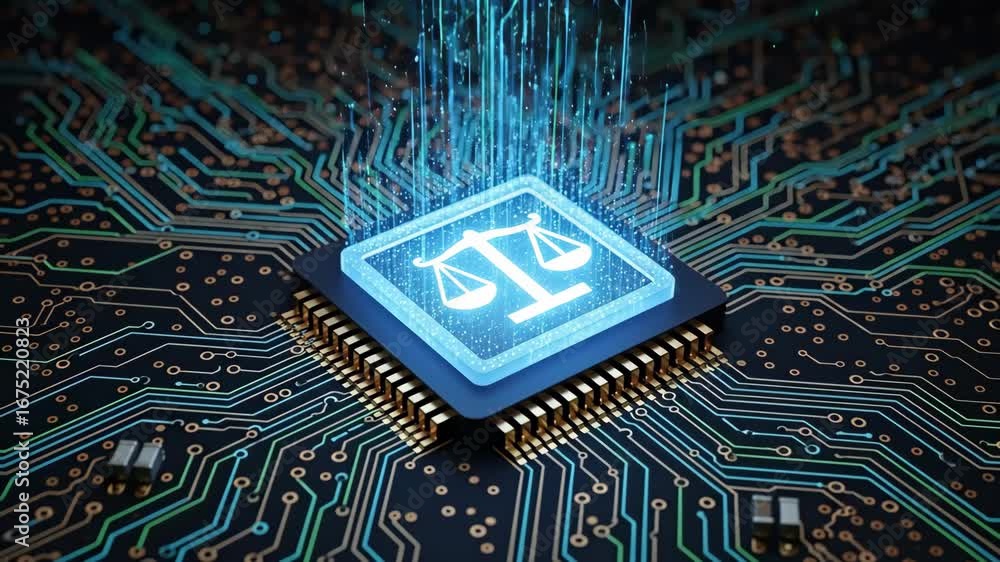 Poster digital justice: microchip with scales of justice - a glowing scales of justice symbol is displayed 