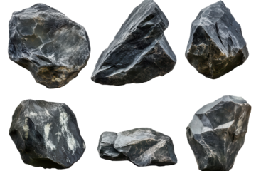 Collection of various rock stones positioned against a transparent background showcasing unique textures and shapes in a low-resolution format