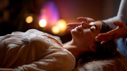 Young woman receiving reiki treatment in spa, concept of holistic energy healing and relaxation