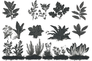 Gardening and nature inspired halftone grunge designs featuring various plants and foliage in a low resolution composition