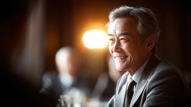 Senior Person Smiles and Listens to Meeting Communication