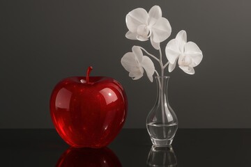 Obraz premium Glossy red apple and white orchid flowers in glass vase on reflective surface