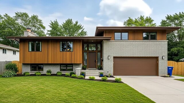 Mid-Century Modern Ranch House with Lush Green Lawn - A stunning mid-century modern home showcases a beautiful light gray brick and wood exterior, complemented by a well-manicured lawn and