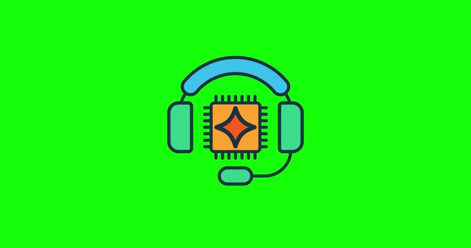 Animated AI headset icon on a green screen, with a processor chip drawing itself. Motion graphic of machine learning technology for a QSR chatbot or smart voice ordering system.