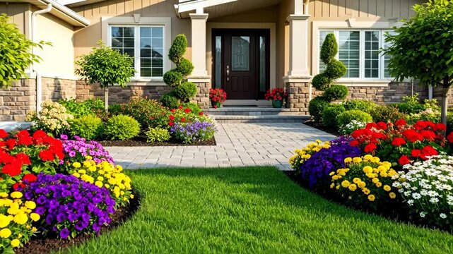Modern House with Lush Green Lawn and Colorful Flowerbeds - A modern house with a meticulously landscaped front yard featuring vibrant flowerbeds and a neatly trimmed green lawn.