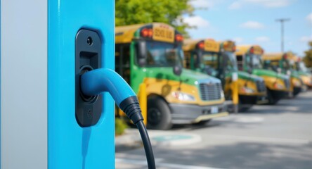 Electric vehicle charging station with blue cable and fleet of electric school buses