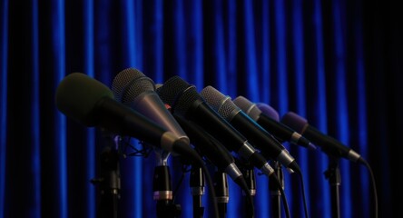 Professional microphones lined up on a stage with blue curtains ready for an event