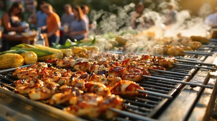 Sizzling chicken skewers and corn on barbecue grill at lively outdoor summer party