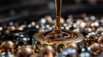 Viscous amber engine oil dripping onto a polished bronze ball bearing amidst metallic spheres