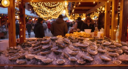 Fresh oysters on ice displayed at a lively winter market stall with festive string lights