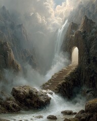 Mountain stairway to a light-filled archway, waterfall cascading