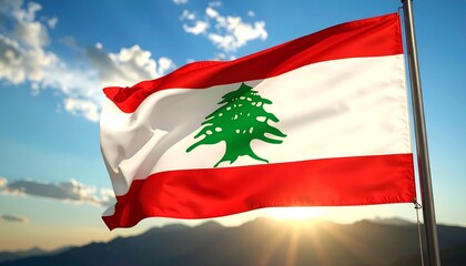 Lebanon’s national flag waving against a dramatic cloudy sky