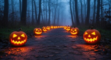 Spooky path of carved, glowing pumpkins leads into a misty forest