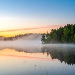 Fototapeta premium Misty Sunrise Lake Reflection, Summer Scenery