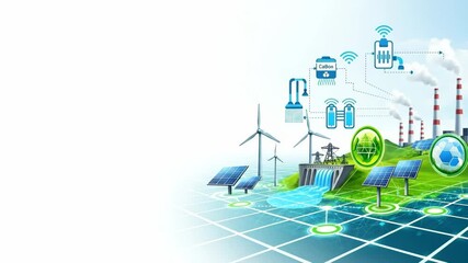 Renewable Energy Integration and Emission Control - An illustration depicting modern decarbonization initiatives, showcasing the integration of renewable energy sources like solar and wind power with - Powered by Adobe