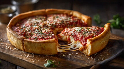A deep dish pizza with a slice being pulled out showing the cheese on a wooden cutting board