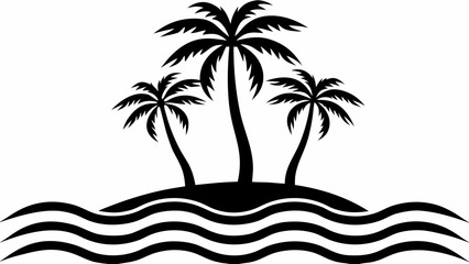Silhouette illustration of tropical island with palm trees and wavy water in black and white style design