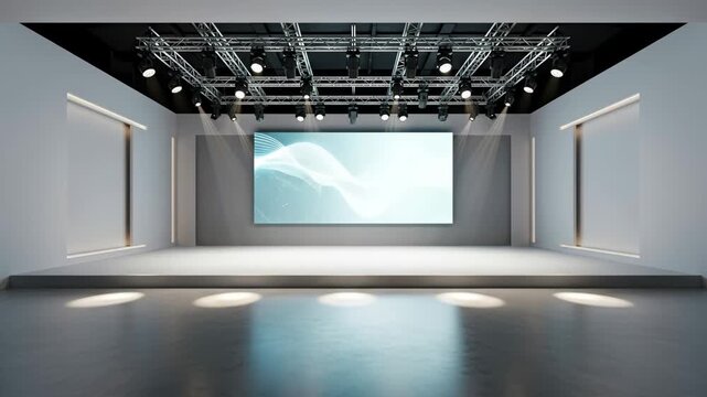 Modern Empty Stage with Large Screen - An video of a contemporary, empty stage or exhibition space featuring a large screen displaying an abstract design.