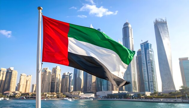 The United Arab Emirates flag waving on a pole with the Dubai skyline and waterfront in the background