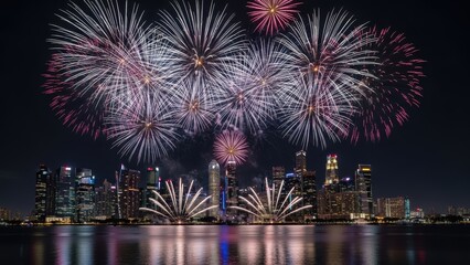 A vibrant fireworks display over the Marina Bay skyline in Singapore.