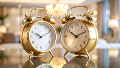 A retro gold metal alarm clock with a classic dial and black numbers sits on a white background, its twin bells ready to ring