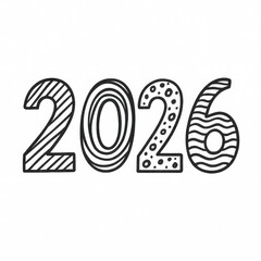 2026 number illustration black and white hand drawn decorative pattern striped dotted wavy outlined playful isolated on white background