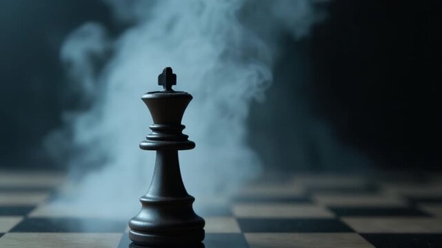 Chess piece in smoke on checkerboard evokes mystery and tension