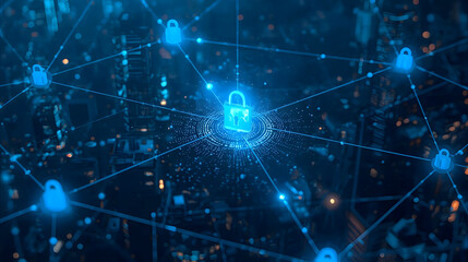Blockchain, Abstract network graphic of interconnected security locks, highlighting digital security.