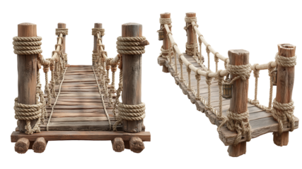 Rustic wooden bridge isolated on transparent background, clipping path
