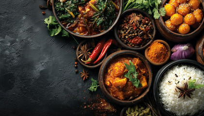 Indian cuisine variety, spicy curries, rice and aromatic spices in rustic bowls on dark background.