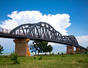 Architectural marvel: A long bridge stretches across serene waterscape