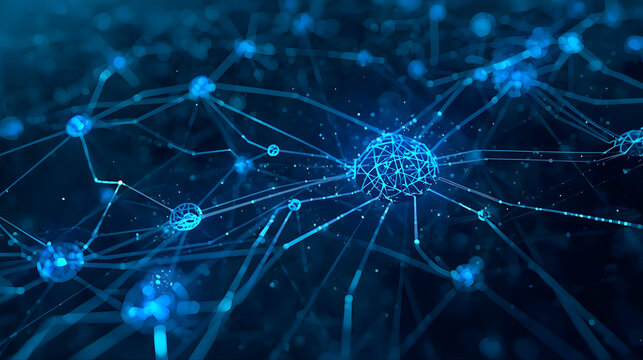 Blockchain, Abstract representation of interconnected neural networks with glowing blue nodes and connecting lines, simulating a complex system.