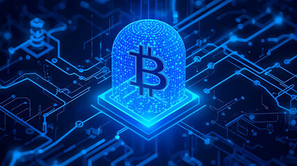 Blockchain, , Bitcoin cryptocurrency symbol encased in glowing digital circuitry.