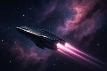 Obraz premium Futuristic Spaceship Flying in Deep Space with Pink Trails