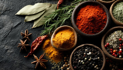 Various aromatic spices and herbs in wooden bowls on dark stone background. Top view with copy space.