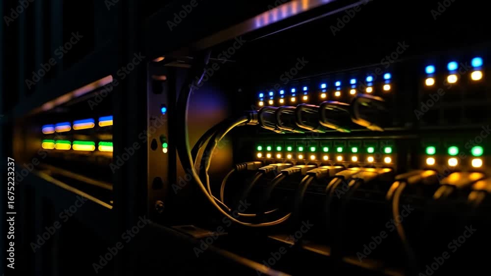 Poster network hubs glowing in dark server room - close-up view of illuminated network hubs and cables insi