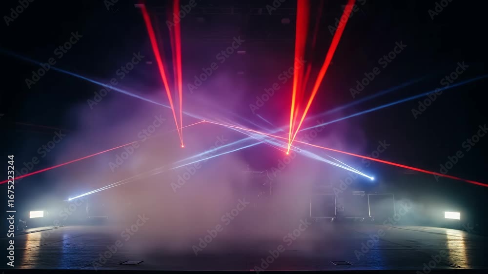 Aufkleber empty stage with neon laser lighting and smoke - an empty stage is dramatically lit with intersectin