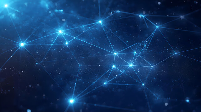 Blockchain, Abstract network connection, glowing nodes, digital constellation, blue background.