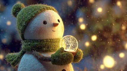 Snowman Holding Snow Globe with Sparkling Lights in Winter Scene