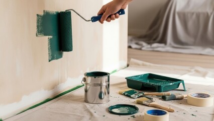 A hand using a paint roller to apply green paint during a home renovation.