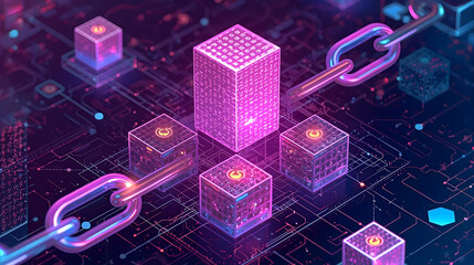 Blockchain, Abstract network visualization, glowing nodes connected by lines, digital data flow, complex system.