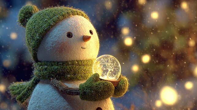 Snowman Holding Snow Globe with Sparkling Lights in Winter Scene