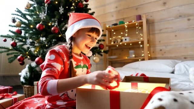 ni&ntilde;a abriendo regalo envuelto en la ma&ntilde;ana de navidad en pijama en c&aacute;mara lenta