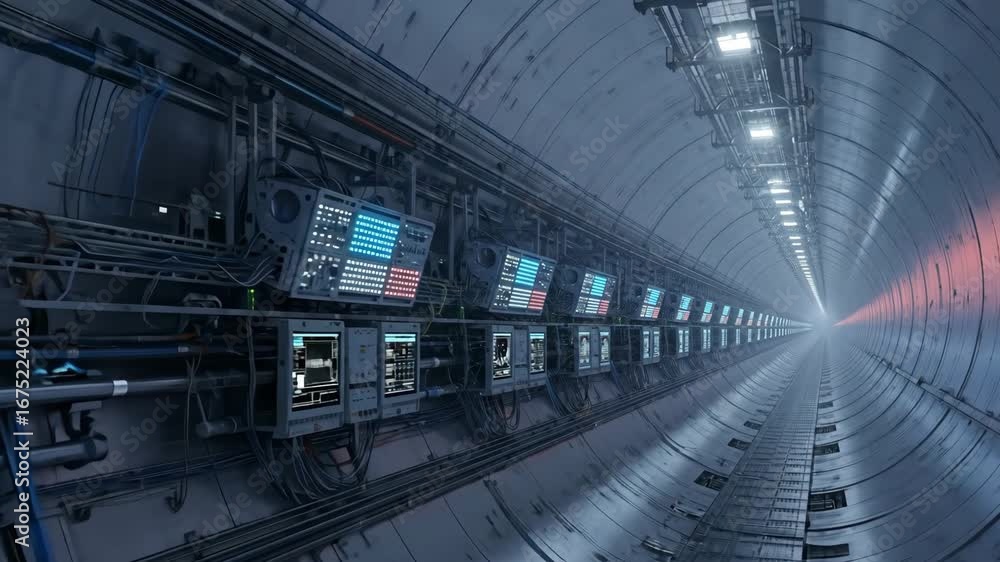 Aufkleber futuristic particle accelerator tunnel - a long shot of a futuristic particle accelerator tunnel int